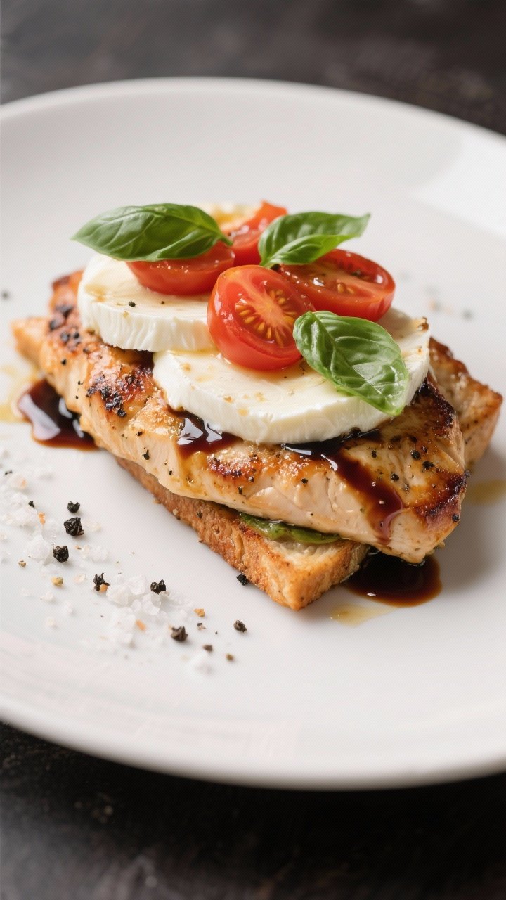Plated 45-degree shot of Caprese chicken melt: seared, Italian-seasoned chicken breasts topped with thick slices of fresh mozzarella melted just to ooze, crowned with ripe tomato rounds and glossy basil leaves, finished with a shiny balsamic drizzle; served on a simple white plate with coarse black pepper and flaky salt.