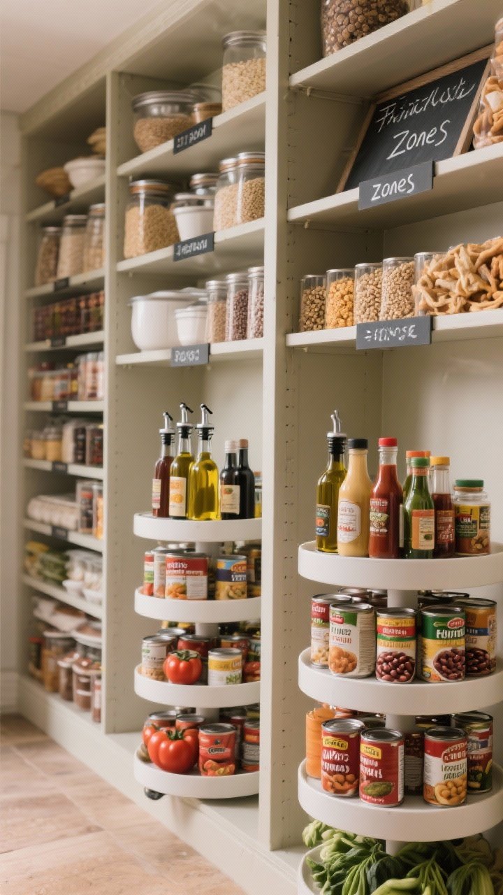Straight-on, 45-degree angle shot of pantry “zones”: shelf dividers separating baking supplies, grains, and snacks; 2–3 lazy Susans loaded with oils, vinegars, and condiments; tiered can risers showcasing canned tomatoes, beans, soups, and vegetables in tidy rows. Chalkboard or dry-erase labels clearly mark each flexible zone, soft side lighting, neutral backdrop emphasizing orderly structure.