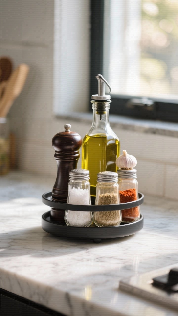 Straight-on countertop caddy for everyday essentials: 1 compact rotating caddy holding the daily lineup—salt cellar, pepper mill, olive oil cruet, and most-used spices like garlic powder and paprika; marble counter, sunlit window bokeh, tight composition with tactile textures (coarse salt crystals, glossy oil), ready-to-cook mood.
