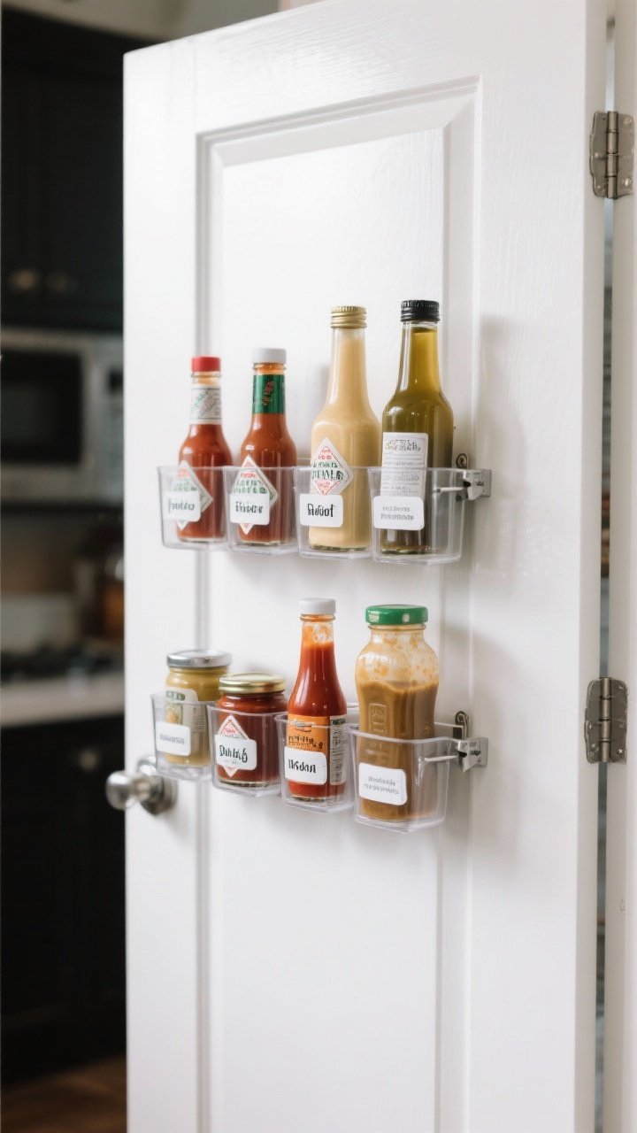 Straight-on door view highlighting 4–6 small door shelf bins or clip-on organizers securing hot sauces, small jars, and dressings; waterproof labels neatly applied; optional bottle stabilizers holding taller items upright; clean, minimal styling with sharp focus on labels and bottle shapes against the glossy white door.