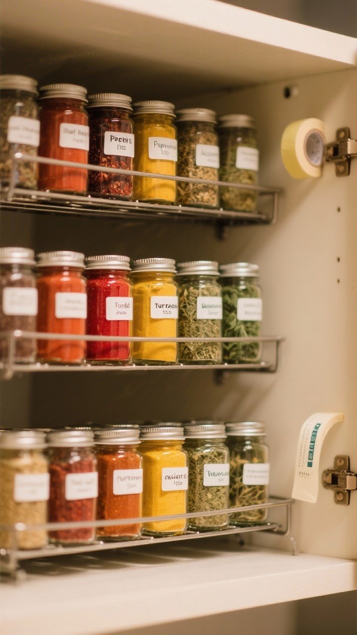 Straight-on, eye-level shot of a spice cabinet outfitted with an expandable tiered shelf riser; uniform spice jars with crisp, printed labels arranged by color tones (paprika reds, turmeric yellows, herb greens); sticky label maker tape peeking at the side; sharp focus on label clarity with a shallow depth of field; warm, inviting tones.