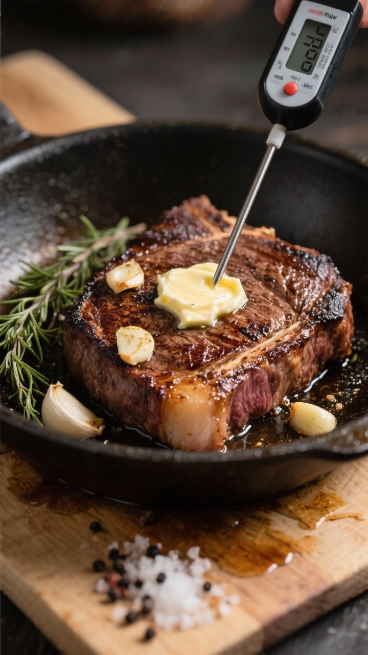 Straight-on hero shot of a pan-seared ribeye finished with garlic butter: deep brown crust, butter pooling on top, smashed garlic cloves and seared thyme sprigs basting the steak; an instant-read thermometer reading medium-rare inserted at an angle, kosher salt and black pepper grains visible on the cutting board, light pan juices trailing.