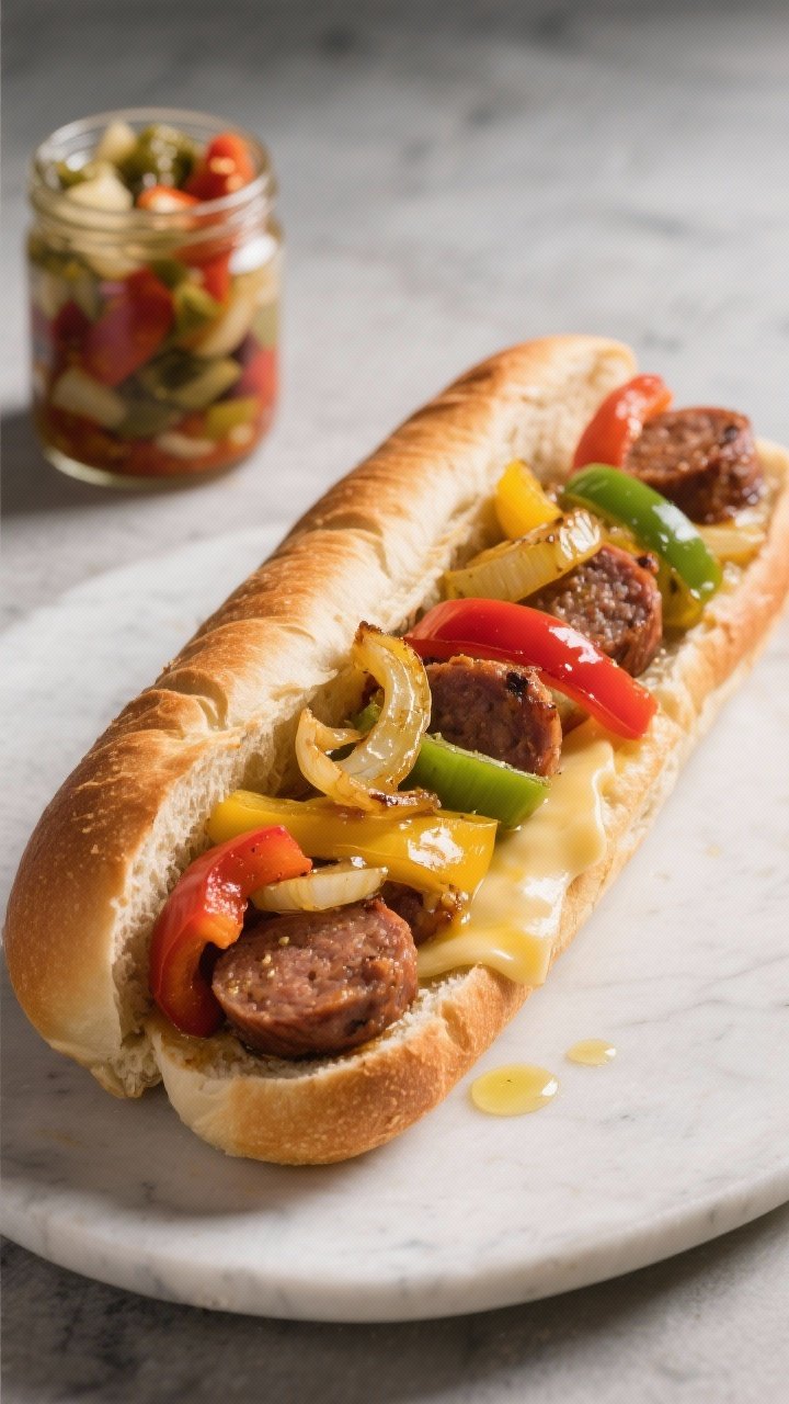 Straight-on hoagie build: toasted rolls stuffed with browned Italian sausage coins, soft-sautéed bell peppers (red, yellow, green) and caramelized yellow onion, all glistening with olive oil; optional melted provolone peeking out, a jar of spicy giardiniera nearby, for a bold, five-ingredient street-food look.