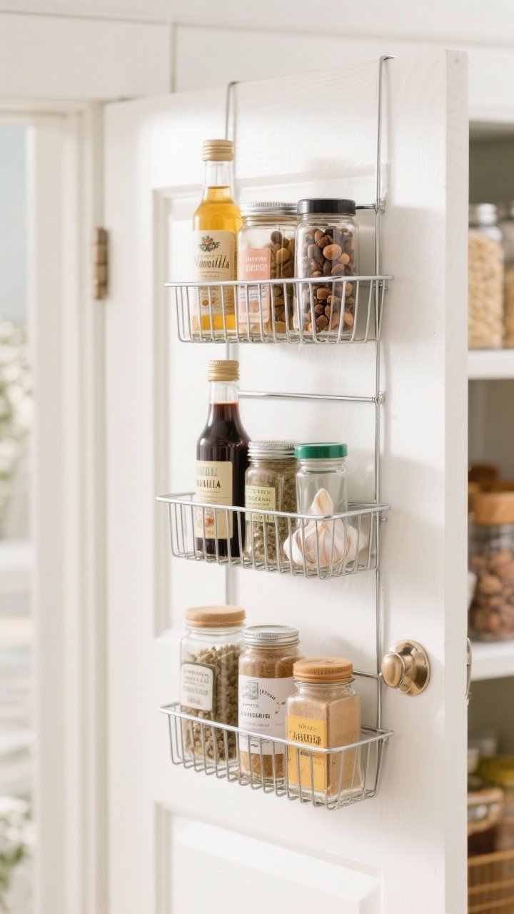 Straight-on pantry door scene: an over-the-door rack that doubles your pantry, 1 full-height rack with wire baskets holding tall spice bottles and small jars—vanilla extract, whole nutmeg, cloves, garlic powder—organized by height; bright, clean pantry background, high-key lighting, crisp detail in labels, inviting and functional look.