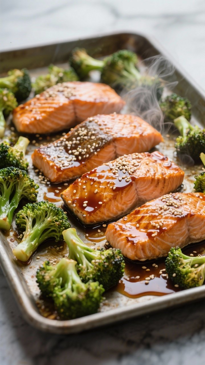 Straight-on sheet-pan scene: honey-soy glazed salmon fillets with crisped skins, lacquered with low-sodium soy sauce, honey, rice vinegar, and toasted sesame oil, roasted alongside vibrant sesame-sprinkled broccolini; steam rising, with extra glaze pooled on the pan for a glossy, weeknight Asian-inspired finish.
