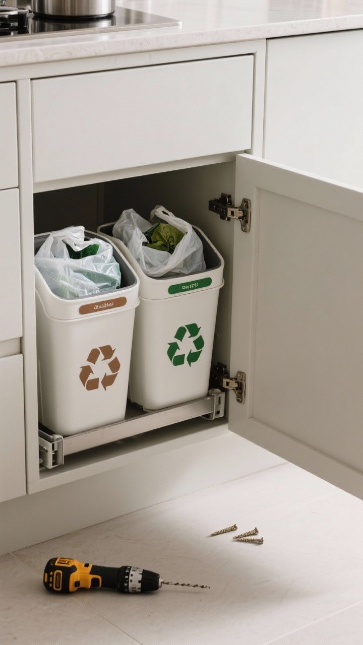 Straight-on shot of a cabinet slightly open to reveal a pull-out system with dual bins for trash and recycling; bags neatly fitted, optional compostable liner visible; drill and screws set aside on the cabinet floor; subtle color-coded bin labels; clean, modern cabinetry with soft shadows; practical, tidy mood with precise lines.