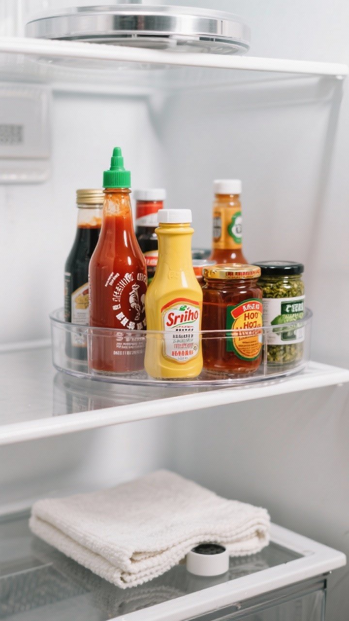 Straight-on shot of a refrigerator shelf showcasing a gleaming clear lazy Susan turntable (10–12 inches, high sides) loaded with sauce superstars—sriracha, soy sauce, mustard, hot honey, and jars of pesto—labels facing outward; a microfiber cloth folded nearby for a tidy vibe; an optional small turntable on the top shelf visible in soft focus; studio-lit for glossy highlights and vibrant condiment colors.