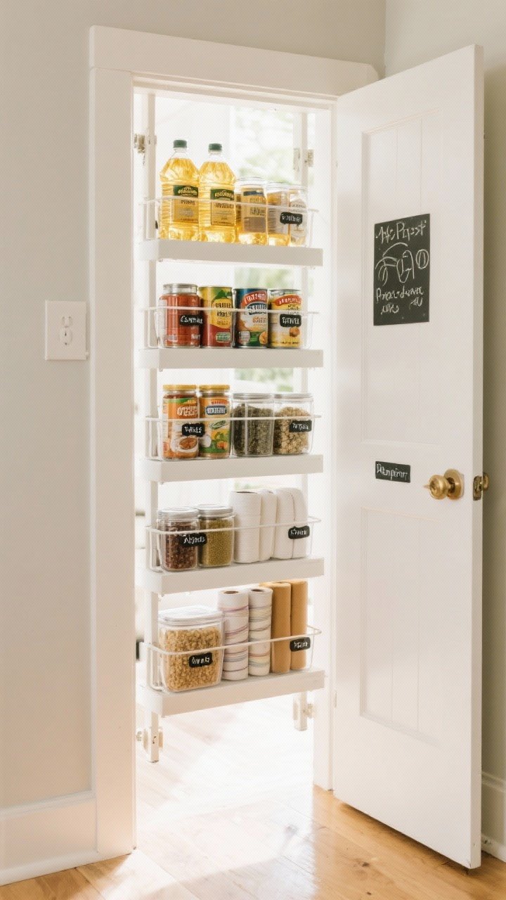 Straight-on shot of an over-the-door pantry organizer with adjustable shelves, neatly stocked with pantry items: golden cooking oils, canned goods with aligned labels, spice jars in clear bins, rolls of wraps; chalk and sticker labels visible; white door, light wood floor, bright natural light for an airy, doubled-space feel; crisp, clean lines, no clutter.