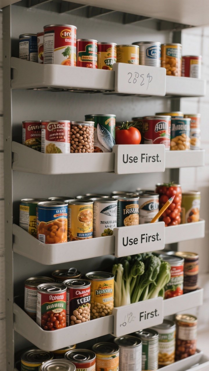 Straight-on shot of canned goods management: tiered can risers or a gravity-fed organizer loaded with beans, tomatoes, fish, soups, vegetables; a wax/grease pencil marking dates on can tops; one small bin boldly labeled “Use First.” Include simple category dividers, balanced symmetric rows, cool neutral lighting for an efficient, waste-free mood.