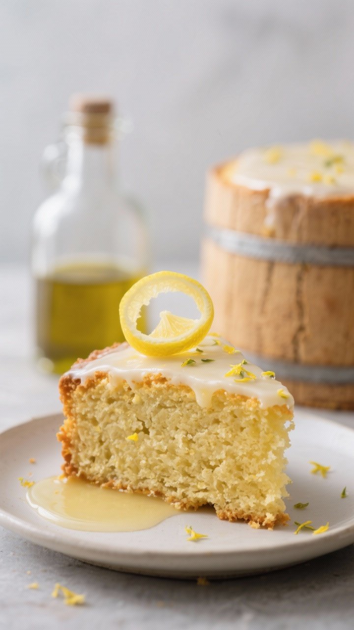 Straight-on slice reveal of a small-batch lemon olive oil cake baked in a cake barrel; golden, tender crumb with a crackled top, drizzled with lemon glaze and flecked with zest; a wedge plated with a curl of lemon peel and a pool of glaze, olive oil bottle and the cake barrel in soft focus behind.