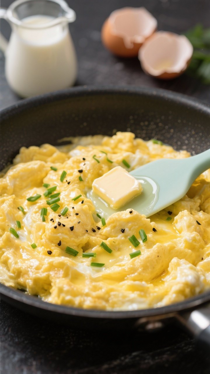Tight close-up of ultra-creamy scrambled eggs in a nonstick sauté pan: soft curds glistening from butter, gently folded with a silicone spatula; flecks of black pepper and a sprinkling of snipped chives on top, a small pat of melting butter at the edge, milk/cream pitcher and cracked eggshells subtly blurred in the background.