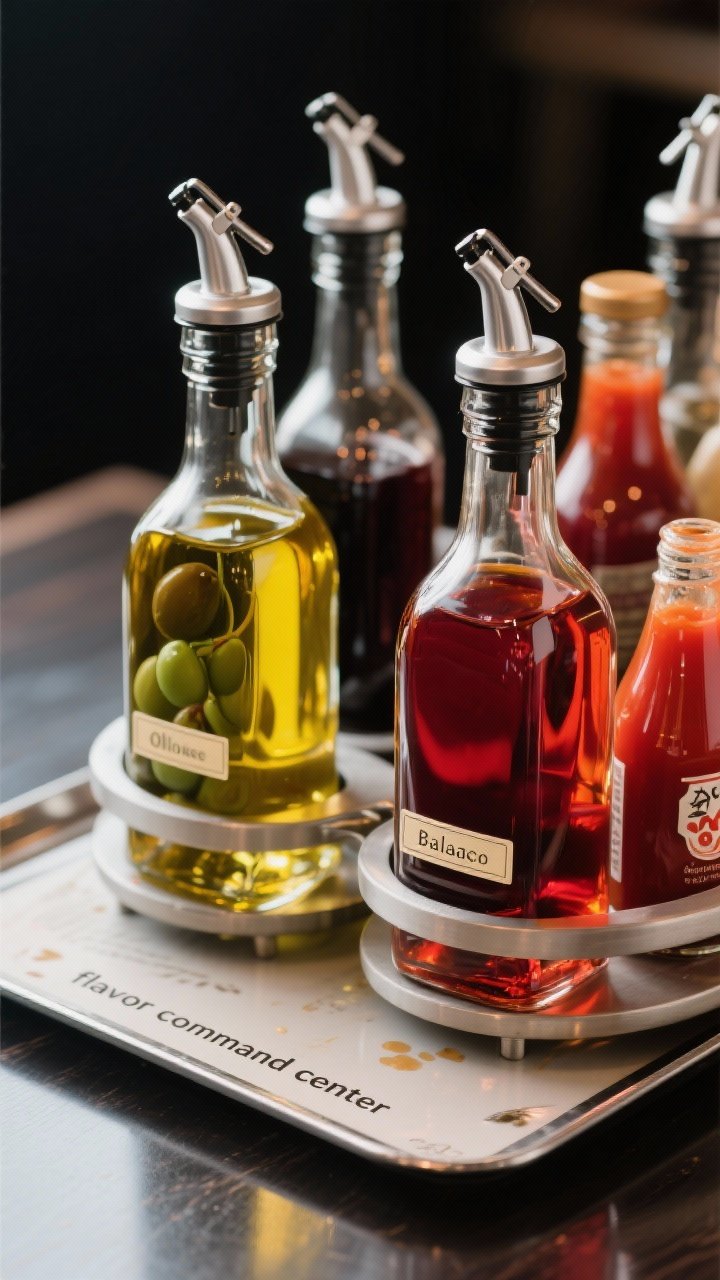 Tight, glossy close-up of a “flavor command center”: two lazy Susans—one dedicated to oils with spout pourers (olive, avocado), one for acids/condiments (balsamic, red wine vinegar, soy, hot sauce); a slim tray or mat beneath to catch drips; mini labels on bottle necks visible. Emphasize glass sheen, amber and ruby tones of liquids, subtle reflections, clean contemporary look.