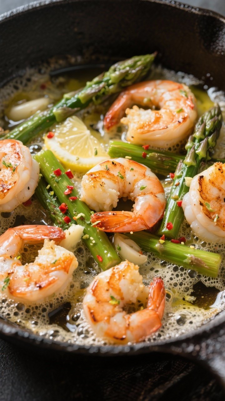 Tight skillet close-up: plump shrimp with a light char tossed with 2-inch asparagus pieces in bubbling garlic-butter, glints of olive oil and a hint of red pepper flakes; butter foaming around the edges, lemon zest microplaned over top for freshness, all in a dark cast-iron pan for contrast.