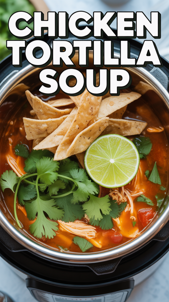 Delicious chicken tortilla soup in pot