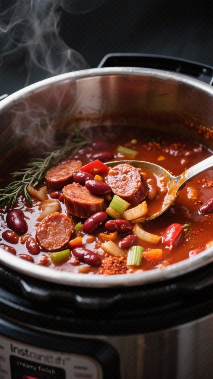 Close-up detail: A tight, shallow-depth-of-field shot inside an Instant Pot showing creamy Cajun red