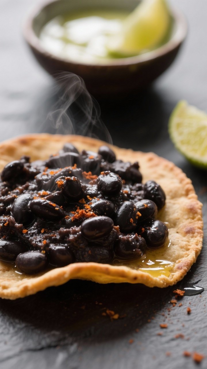 Close-up detail: A warm tostada shell spread with thick, glossy black bean mixture just off the stov