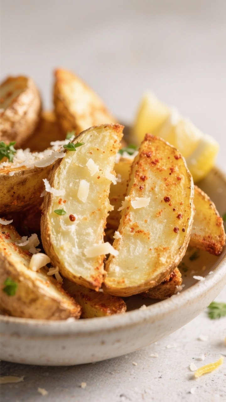 Close-up detail: Air-fried garlic-Parmesan potato wedges just out of the fryer, shatter-crisp golden