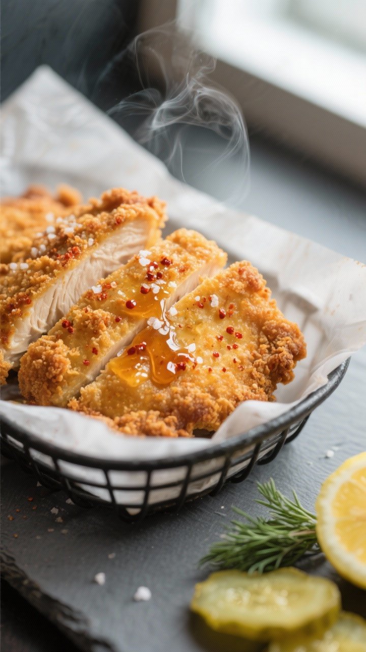 Close-up detail: Air-fried Southern-style chicken breast cutlet just out of the basket, golden-brown