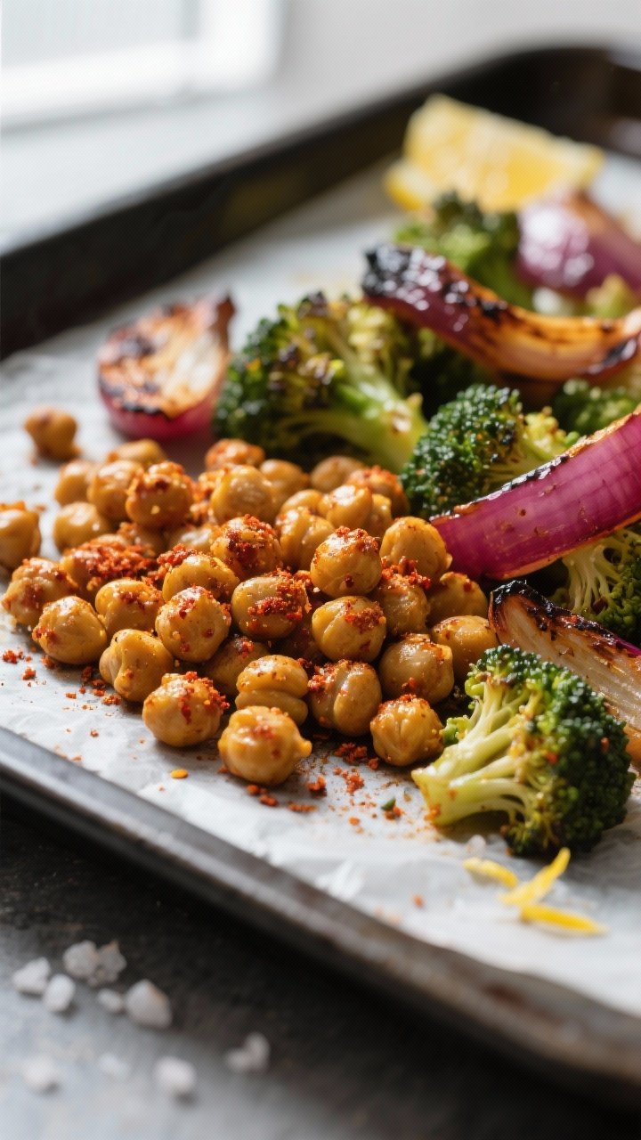 Close-up detail: Crispy roasted chickpeas fresh off the sheet pan, deeply golden with paprika-cumin 