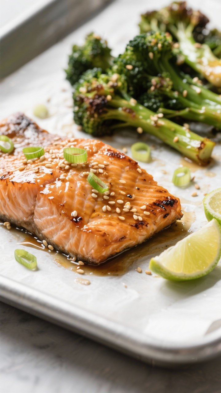 Close-up detail: Glazed honey-soy salmon just out of the oven, highlighting the glossy, lightly cara
