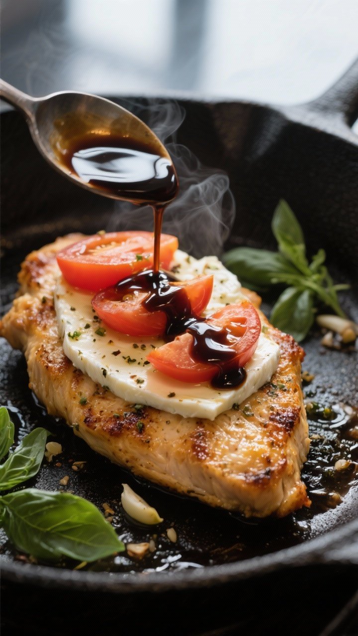 Close-up detail: Golden-seared chicken cutlet in a skillet, edges crisp with light browning, topped 