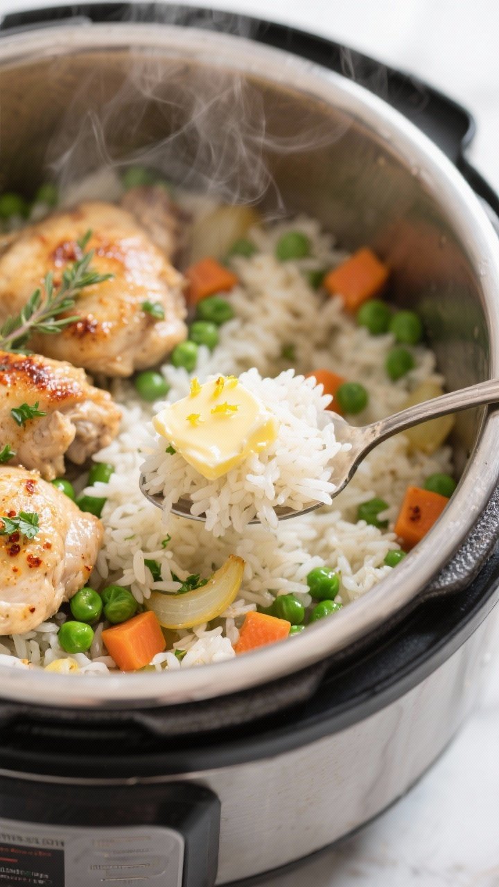 Close-up detail: Instant Pot chicken and rice just after pressure release, spoon fluffing through te