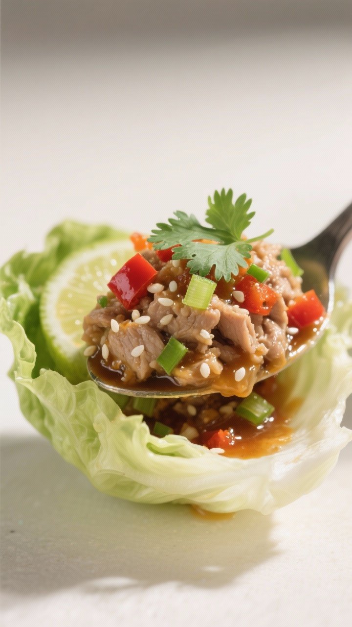 Close-up detail: Juicy ginger-soy turkey filling spooned into a tender butter lettuce cup, glistenin