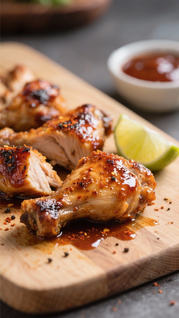Close-up detail shot: Air-fried BBQ chicken thighs just chopped and tossed with reserved sauce on a 