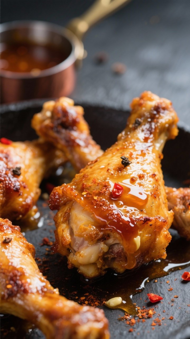 Close-up detail shot: Air-fried hot honey chicken legs just after glazing, skin deeply golden and sh