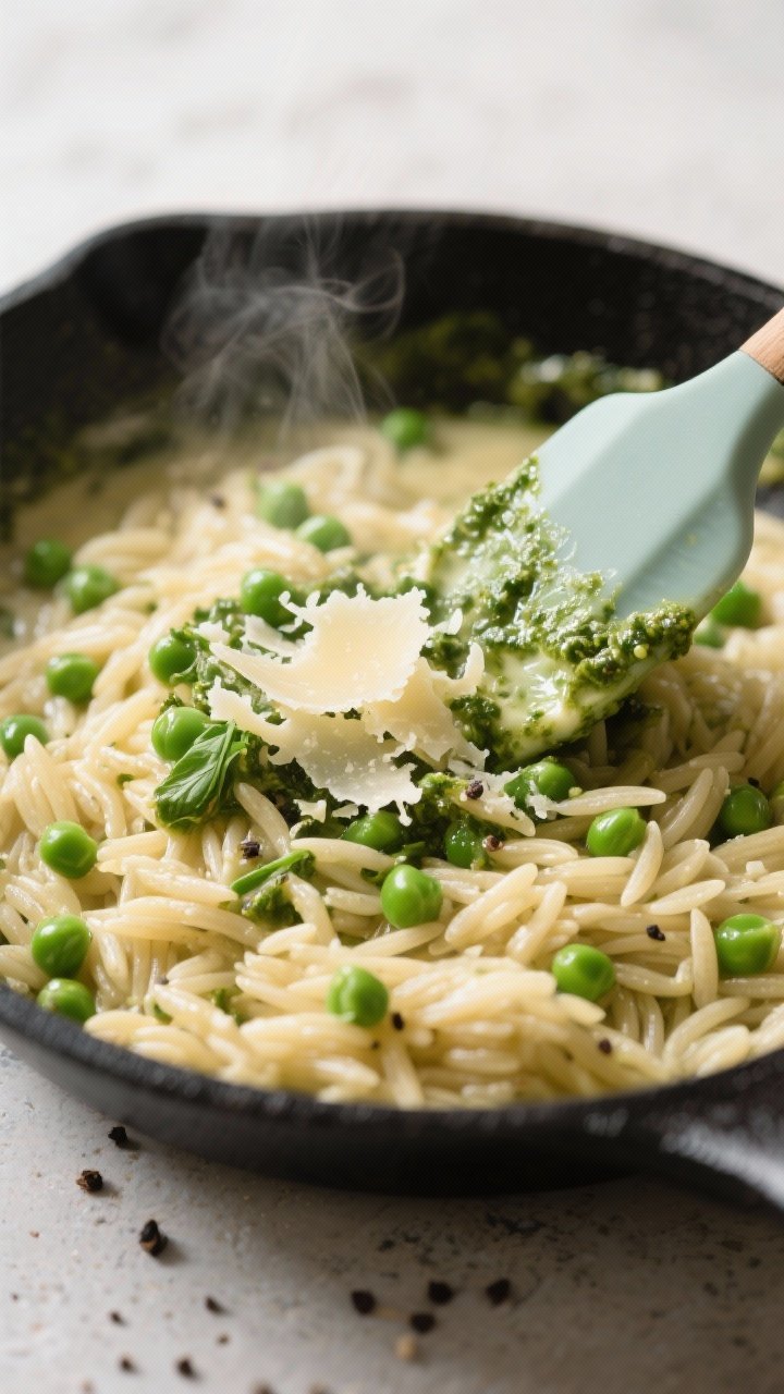 Close-up detail shot: glossy, just-cooked orzo in a skillet at the “make it creamy” stage, peas 