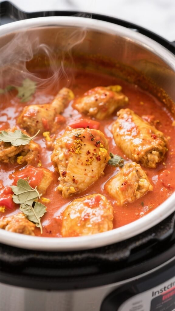 Close-up detail shot: Silky, glossy butter chicken-ish simmering in the Instant Pot on Sauté (Low),