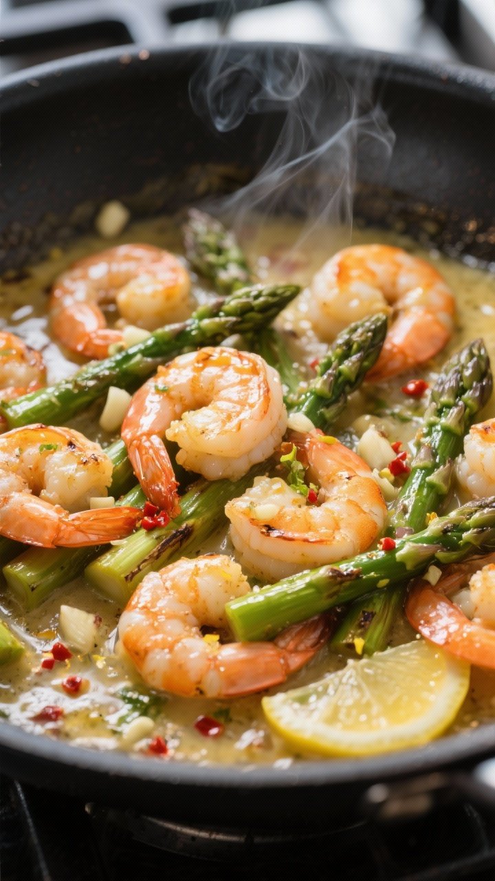Close-up detail: Sizzling garlic-butter shrimp in a skillet mid-cook, showing plump, lightly golden 