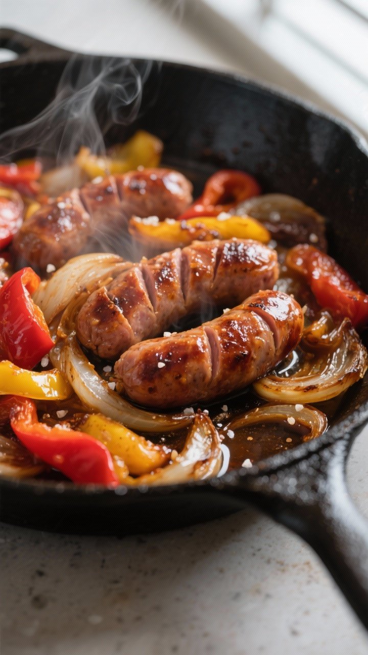 Close-up detail: Sliced Italian sausage nestled in glossy, caramelized peppers and onions sizzling i