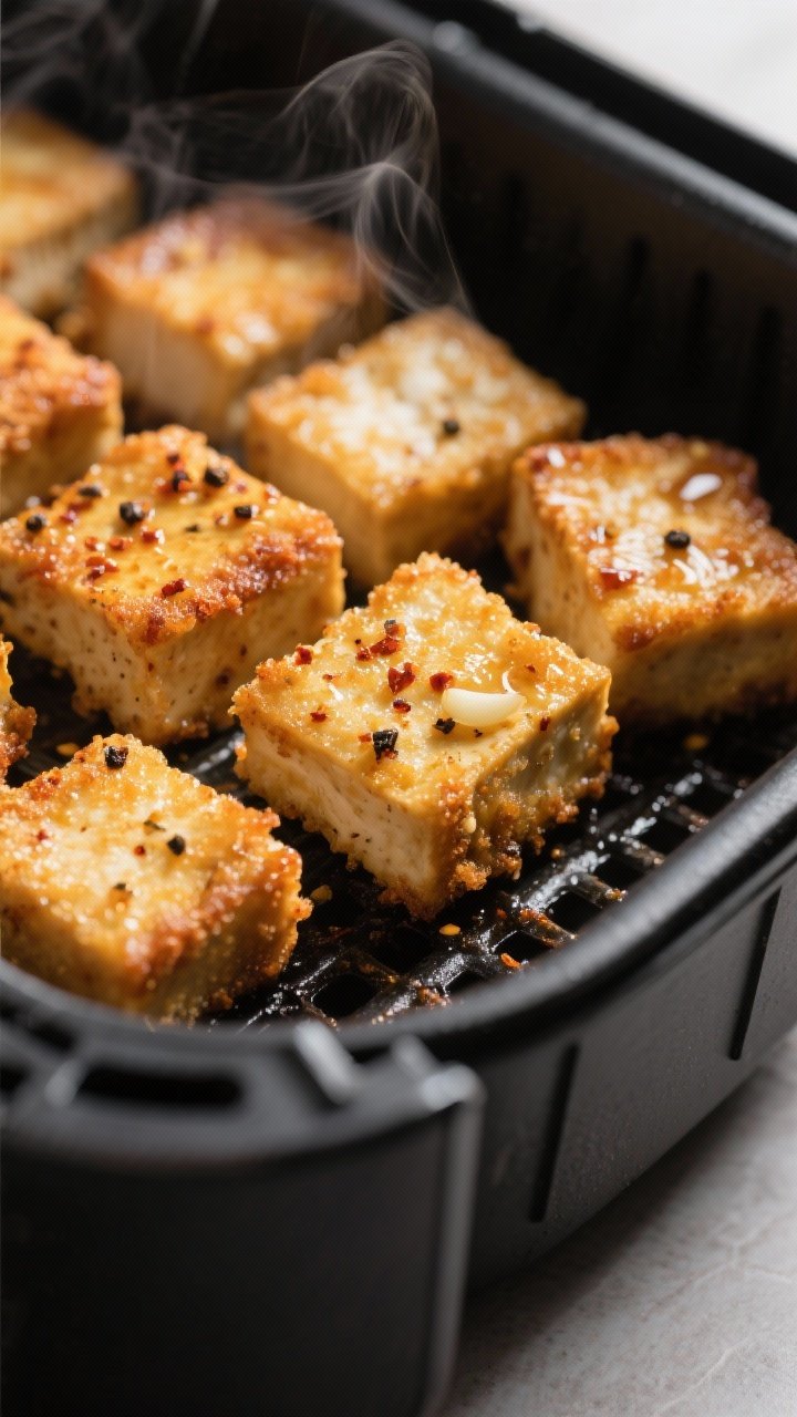 Close-up detail: Ultra-crisp air-fried tofu bites just out of the basket at 400°F, edges deep golde