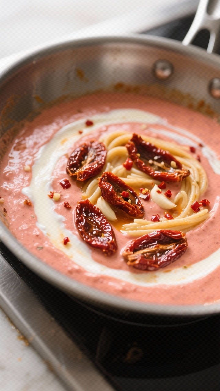 Cooking process, close-up detail: In-pan close-up of sun-dried tomato cream sauce turning rosy as it