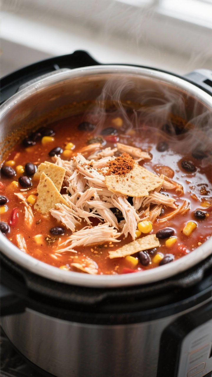 Cooking process, close-up detail: Instant Pot chicken tortilla soup base simmering after pressure re