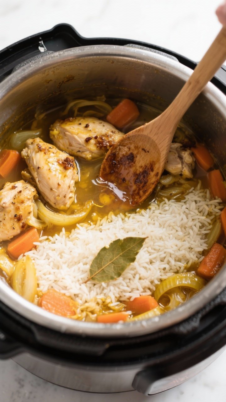 Cooking process: Deglazing moment in the Instant Pot—golden fond and sautéed onions/carrots visib