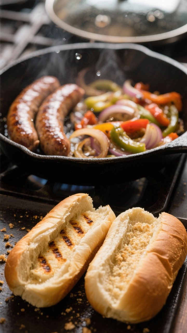 Cooking process: Hoagie rolls toasting cut-side down in a dry cast-iron pan while the finished sausa