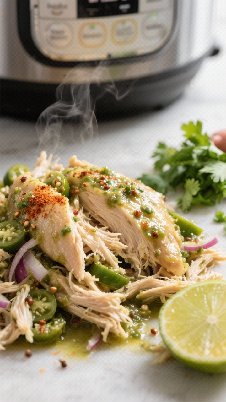 Cooking process — Instant Pot salsa verde chicken mid-shred: Close-up of steaming, tender shredded