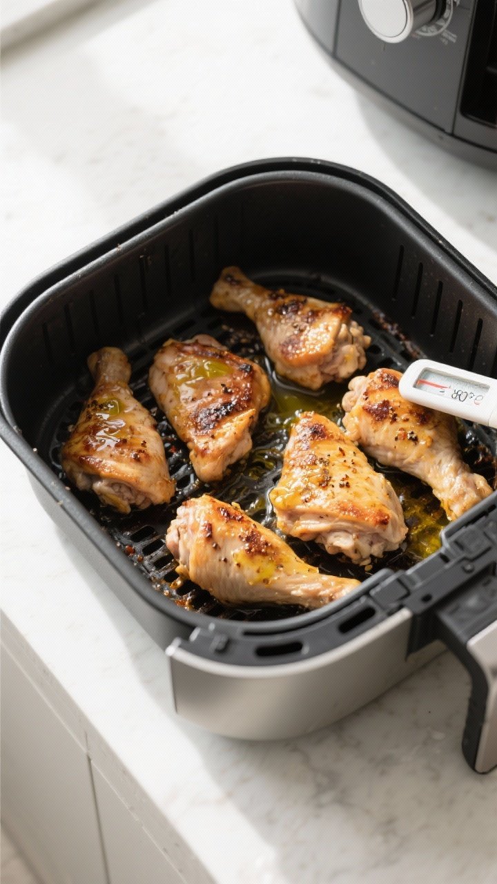 Cooking process shot: Overhead view of the air fryer basket at 380°F mid-cook—chicken thighs arra
