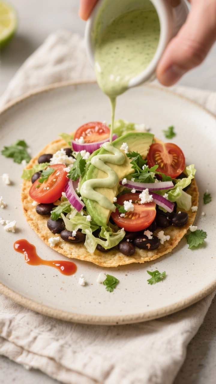 Cooking process: The lime crema being drizzled in a zig-zag over fully assembled black bean tostadas