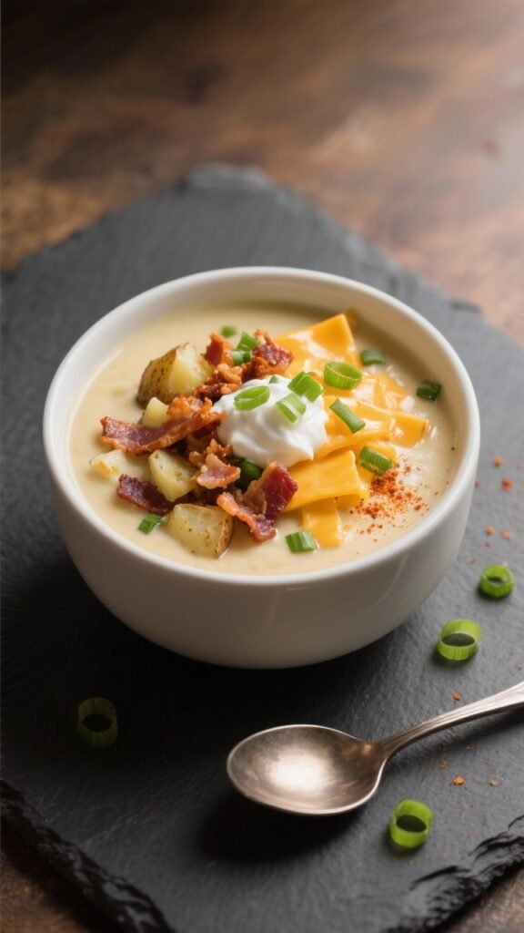 Final bowl beauty shot: Creamy loaded baked potato soup ladled into a matte white bowl on a dark sla