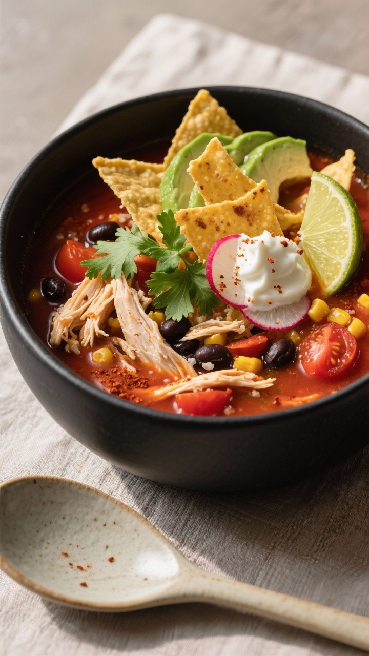 Final dish, plated beauty shot: A deep, matte-black bowl filled with vibrant chicken tortilla soup, 
