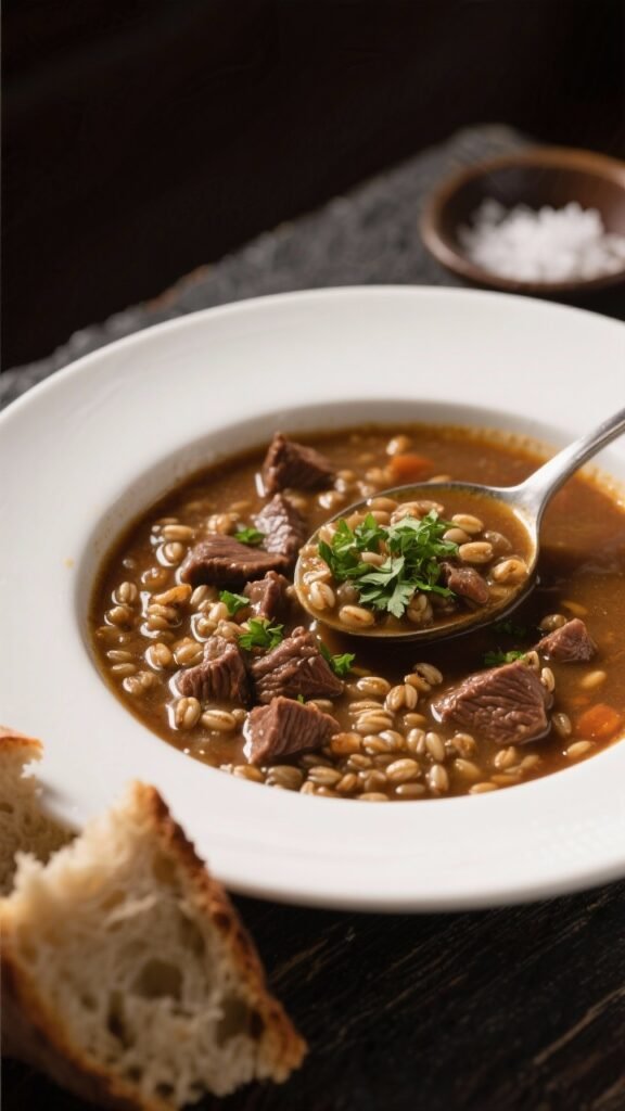Final dish presentation: Restaurant-quality bowl of beef & barley soup ladled into a wide white cera