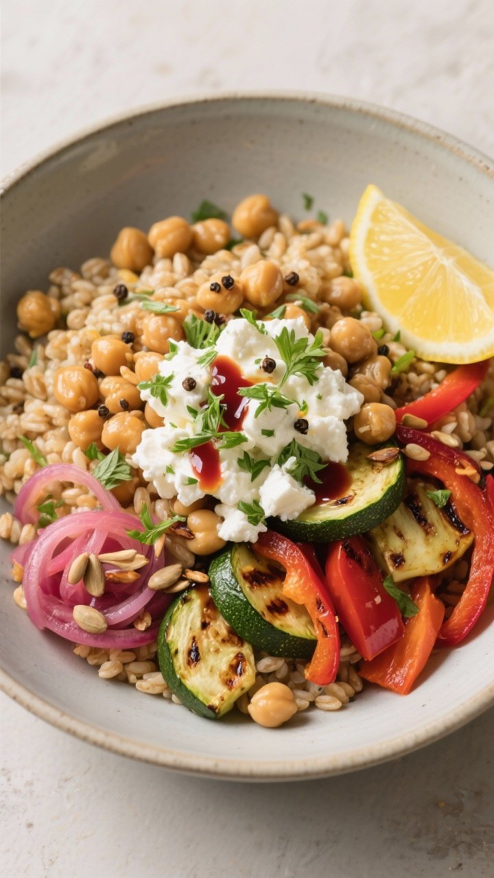 Final dish presentation: Restaurant-quality grain bowl fully assembled—base of lemon-zested farro 