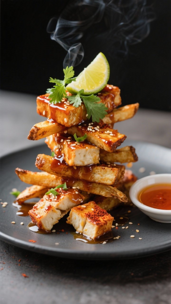 Final dish presentation: Restaurant-quality plate of hot-honey–drizzled tofu “fries” stacked i