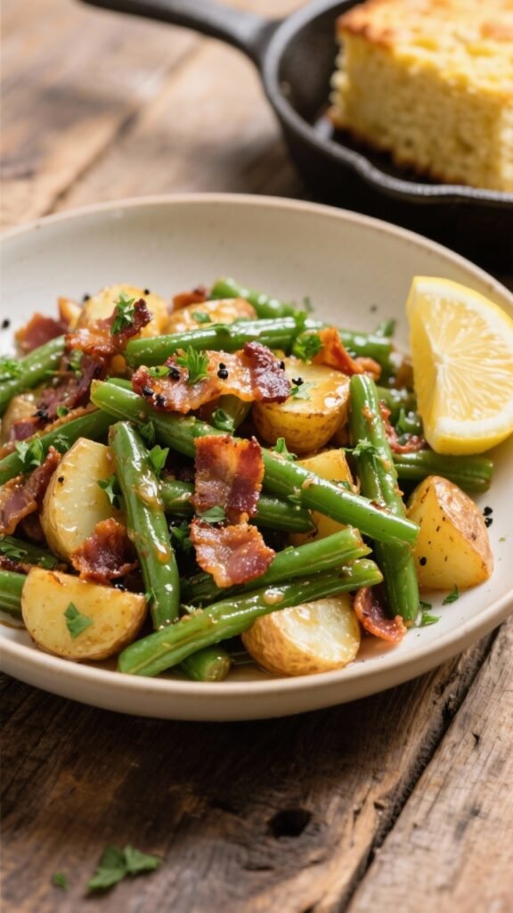 Final dish presentation: Restaurant-quality plated bowl of Air Fryer Southern-Style Green Beans & Po