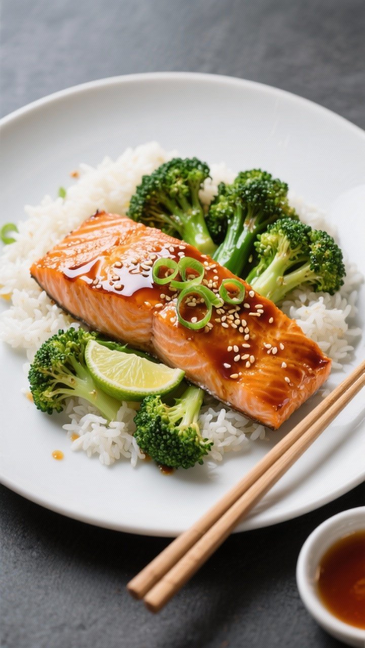 Final dish presentation: Restaurant-quality plating of sheet-pan honey-soy salmon with sesame brocco