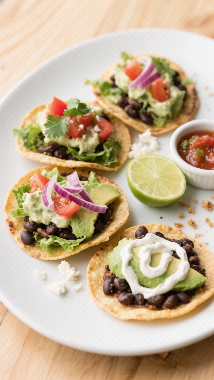 Final dish top view: Overhead shot of a restaurant-quality plate of finished Black Bean Tostadas wit