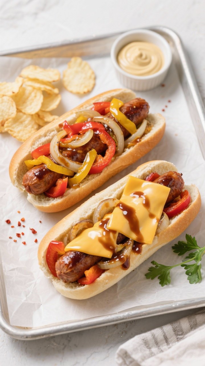 Final dish top view: Overhead shot of assembled sausage, pepper, and onion hoagies on a parchment-li